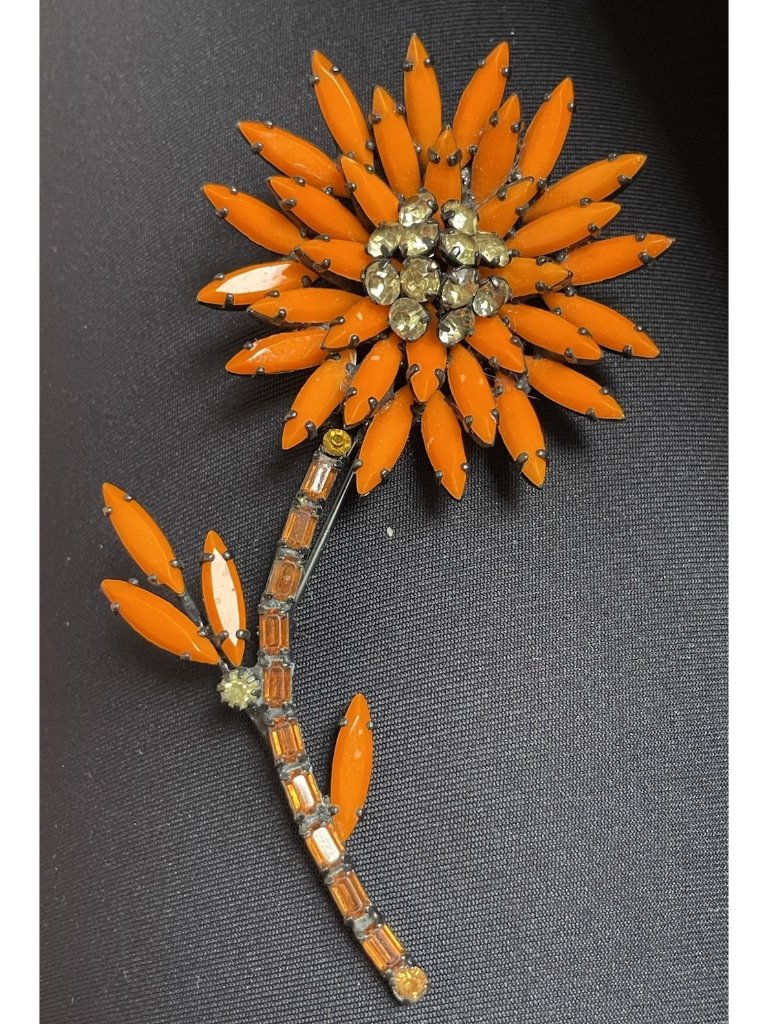 Rare Vtg Signed Weiss Orange Rhinestone Figural Flower Brooch 4” Htf